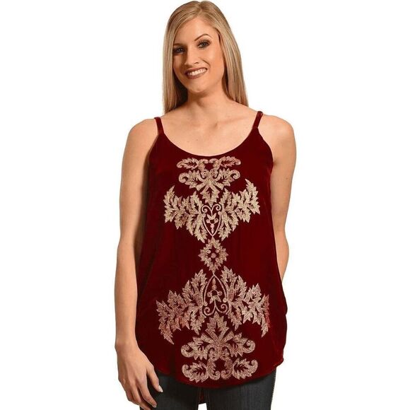 Tasha Polizzi Maroon Red Velvet Embroidered Sleeveless Tank Top Women's Large - Picture 1 of 6
